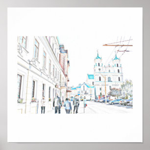 Weißrussland Hrodna Stylized Architecture Sketch P Poster