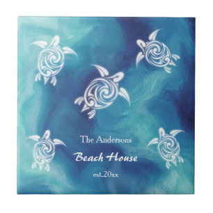 Weißschildkröten Blauer Ozean Aquarellküste Text Fliese