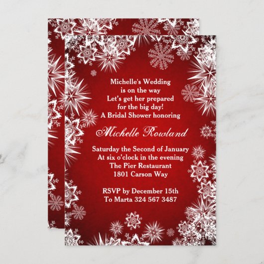 Weißschneeflocken auf rotem Brautparty Begleitkarte (Vorne/Hinten)