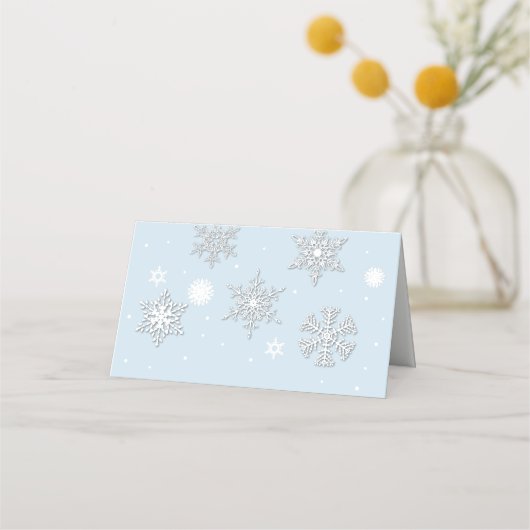 Weißschneeflocken Blauer Hochzeitstag Platzkarte (Rückseite)