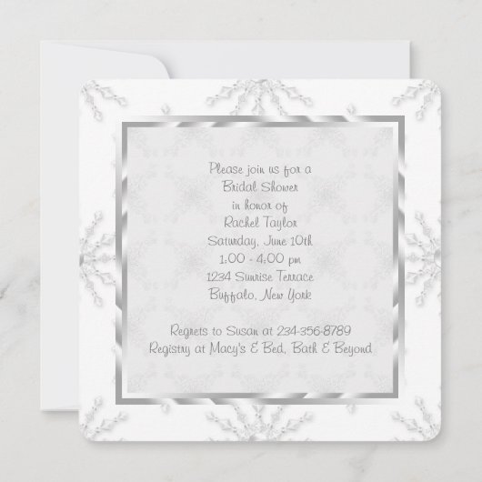 Weißschneeflocken Hochzeitskleid Brautparty Einladung (Rückseite)