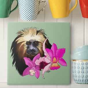 Weissschnurrbart-Tamarin-Affe mit floraler Sage Fliese