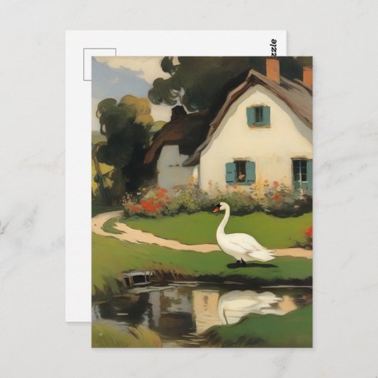 Weißschwan Stehend vor einer Hütte Postkarte (Vorne/Hinten)