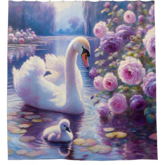 Weißschwan und Cygnet mit Lila Rose Duschvorhang (Vorderseite)