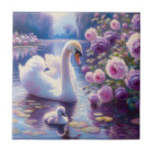 Weißschwan und Cygnet mit Lila Rose Fliese (Vorderseite)