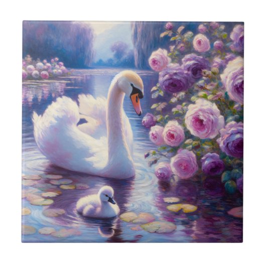 Weißschwan und Cygnet mit Lila Rose Fliese (Vorderseite)