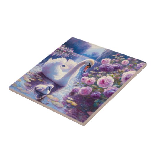 Weißschwan und Cygnet mit Lila Rose Fliese (Seite)