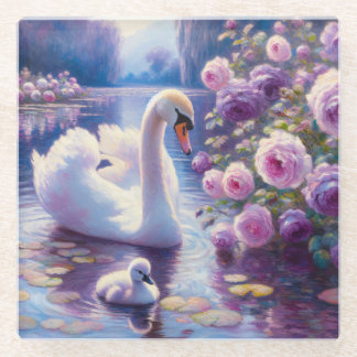 Weißschwan und Cygnet mit Lila Rose Glasuntersetzer