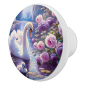 Weißschwan und Cygnet mit Lila Rose Keramikknauf (Rechts)