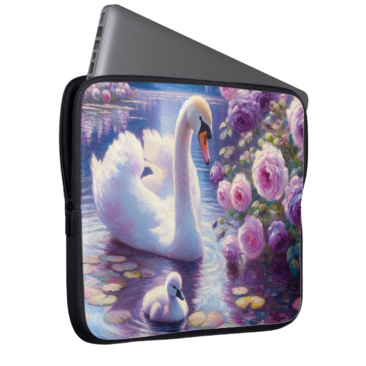 Weißschwan und Cygnet mit Lila Rose Laptopschutzhülle (Vorne Rechts)