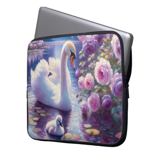 Weißschwan und Cygnet mit Lila Rose Laptopschutzhülle (Vorderseite Links)