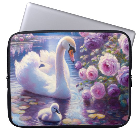 Weißschwan und Cygnet mit Lila Rose Laptopschutzhülle (Vorderseite)