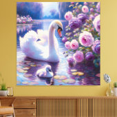 Weißschwan und Cygnet mit Lila Rose Leinwanddruck (Insitu (Wohnzimmer))