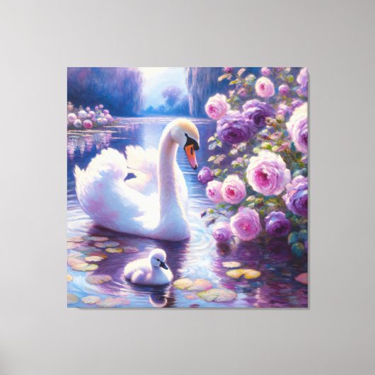 Weißschwan und Cygnet mit Lila Rose Leinwanddruck (Vorderseite)