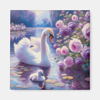 Weißschwan und Cygnet mit Lila Rose Magnet
