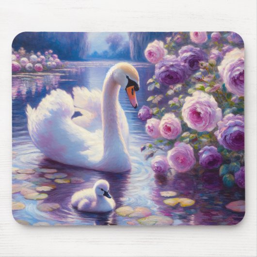 Weißschwan und Cygnet mit Lila Rose Mousepad (Vorne)