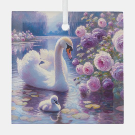 Weißschwan und Cygnet mit Lila Rose Ornament Aus Glas (Vorderseite)