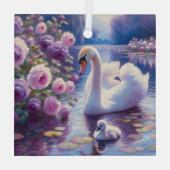 Weißschwan und Cygnet mit Lila Rose Ornament Aus Glas (Rückseite)