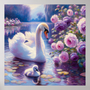 Weißschwan und Cygnet mit Lila Rose Poster