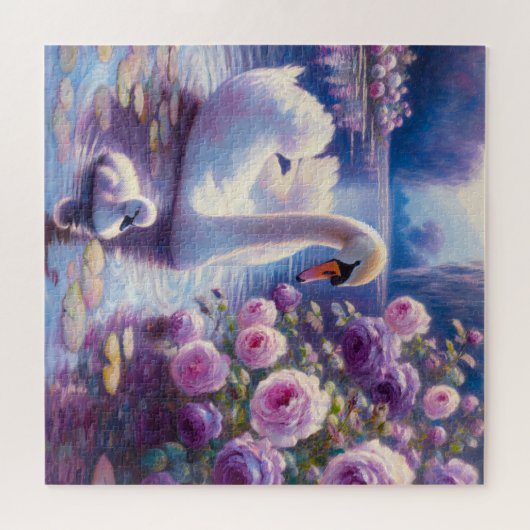 Weißschwan und Cygnet mit Lila Rose Puzzle (Horizontal)