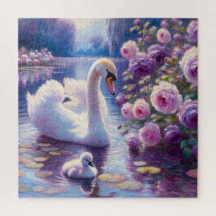 Weißschwan und Cygnet mit Lila Rose Puzzle