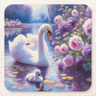 Weißschwan und Cygnet mit Lila Rose Rechteckiger Pappuntersetzer