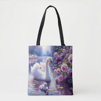 Weißschwan und Cygnet mit Lila Rose Tasche