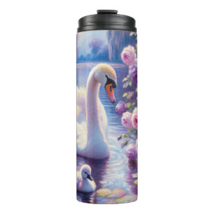 Weißschwan und Cygnet mit Lila Rose Thermosbecher