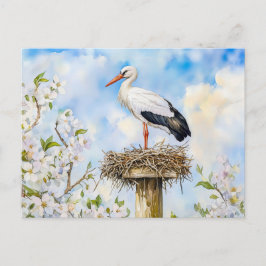 Weißstorch auf einem Nest im Frühling Aquarellmale Postkarte
