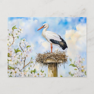 Weißstorch auf einem Nest im Frühling Aquarellmale Postkarte
