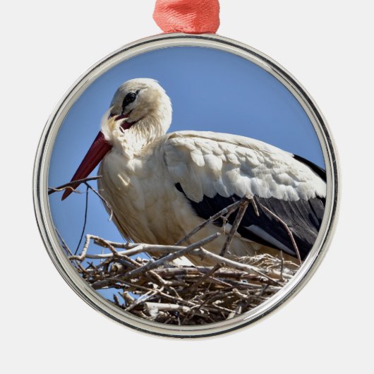 Weißstorch in seinem Nest Ornament Aus Metall (Vorne)