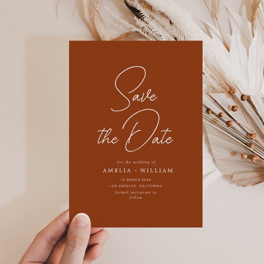 Weißtypografie Terracotta Hochzeit Save The Date