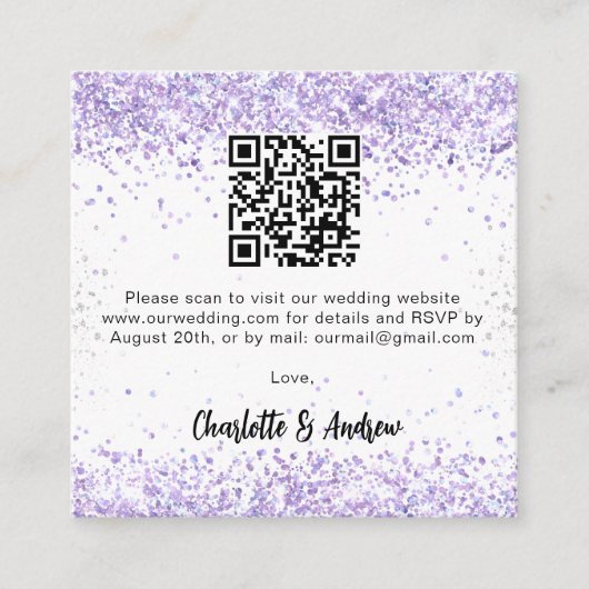 Weißviolett QR-Code Hochzeit RSVP Begleitkarte (Vorderseite)