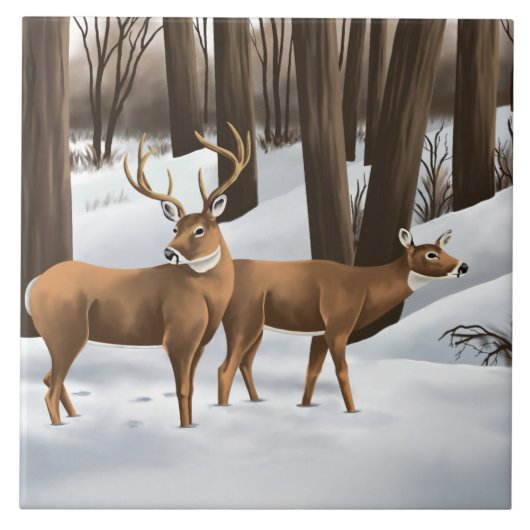 Weißwedelhirsch im Schnee Fliese (Vorderseite)