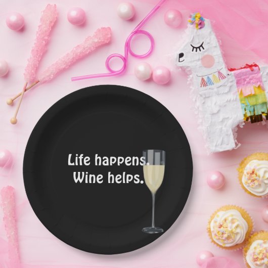 Weißwein mit Zitat aus schwarz Pappteller (Party)