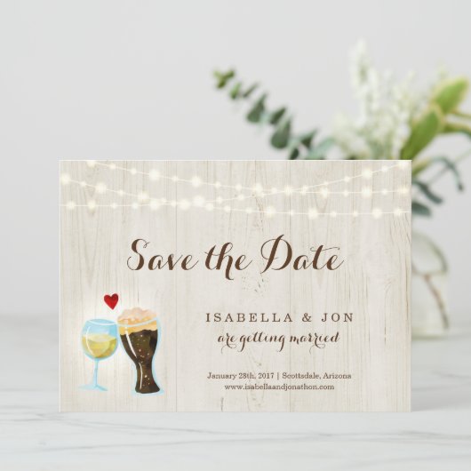 Weißwein und Bierbraut Save the Date Ankündigung (Stehend Vorderseite)