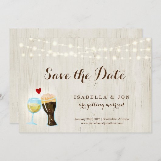 Weißwein und Bierbraut Save the Date Ankündigung (Vorne/Hinten)