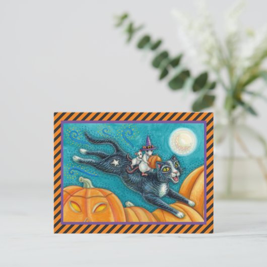WEISSWEISSE MIKROFAHRT HALLOWEE SCHWARZE KATZE POSTKARTE (Stehend Vorderseite)