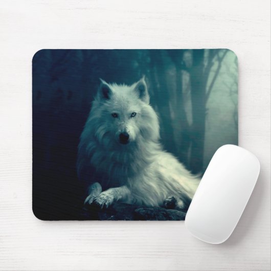 Weißwolf im Nachwald Mousepad (Mit Mouse)