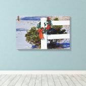 Weißzaun mit Schnee und eine Leinwand mit Bow-Stre (Insitu (Holzboden))