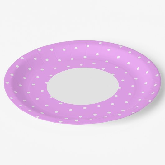 Weite, helle, knallrosa, weiße, farbige Punkte Rim Pappteller (Schrägansicht)