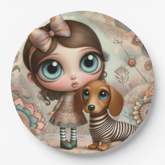Weite Mit Augen primitive Girl mit Hund Pappteller (Vorderseite)