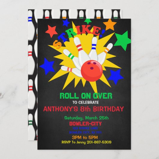 Weiter... STRIKE Bowling Birthday Party Einladung (Vorne/Hinten)