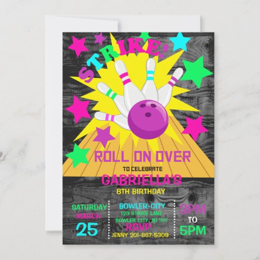 Weiter... STRIKE Bowling Birthday Party Einladung (Vorderseite)