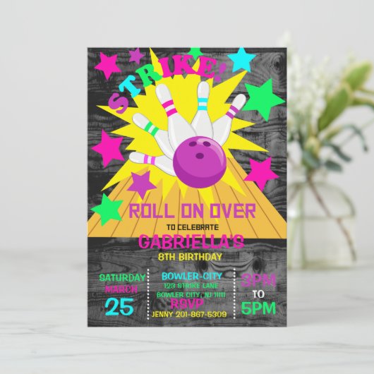 Weiter... STRIKE Bowling Birthday Party Einladung (Stehend Vorderseite)