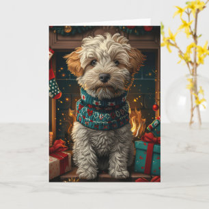 Weizen-Terrier-Hund mit Weihnachtsgeschenken Kamin Karte
