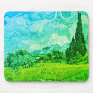 Weizenfeld mit Zypressen Blau-grün: Mousepad