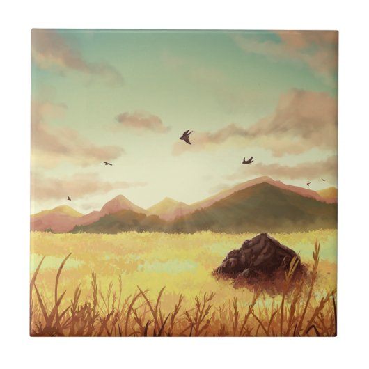 Weizenfelder bei Sonnenaufgang Fliese (Vorderseite)