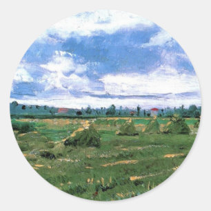 Weizenfelder mit Heuschobern, Vincent van Gogh Runder Aufkleber
