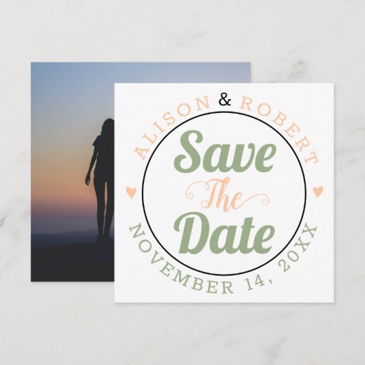 Weizengrün, pfirsichtypografisches Foto auf der Rü Save The Date (Vorne/Hinten)